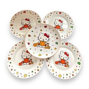 Sanrio Hello Kitty Plate Set Autumn Fall Pumpkin Leaves Pie 5 Dinner Ceramic NWT